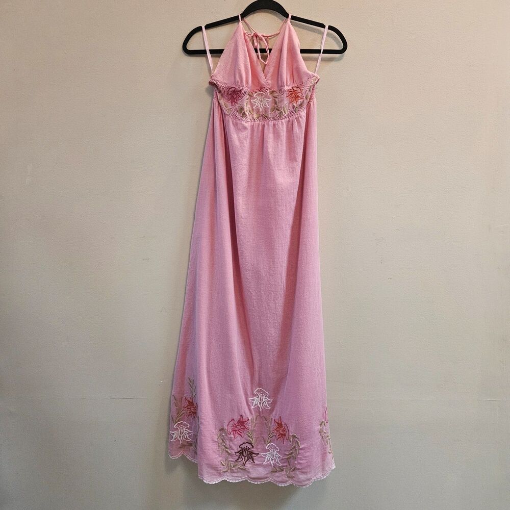 Sweetees Halter Style Empire Waist Pink Maxi Dress Women Sz 10 Fairy Embroidery